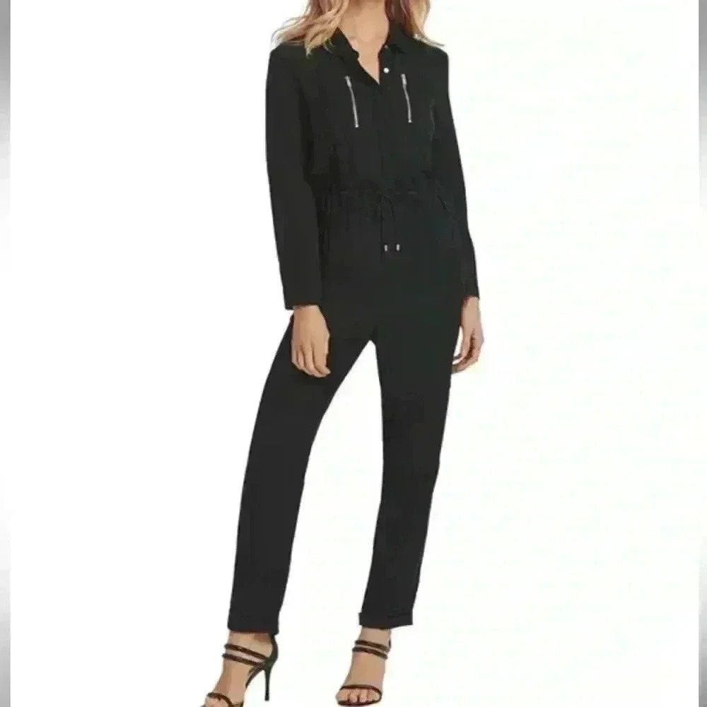 DKNY Black Zipper Pocket Drawstring Waist Roll-Tab Sleeve V Neck Jumpsuit Size 4
